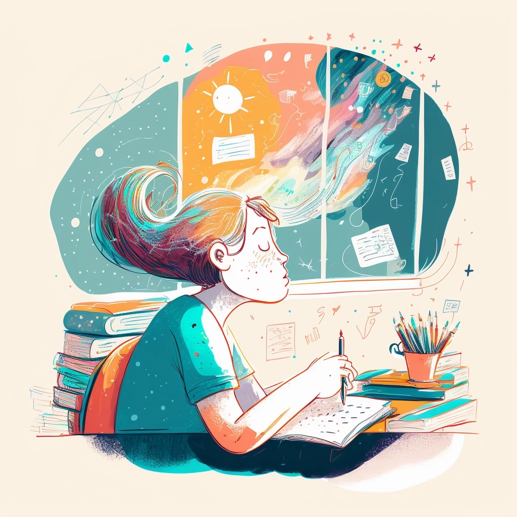 whimsical illustration of happy person studying at a desk and dreaming of endless possibilities