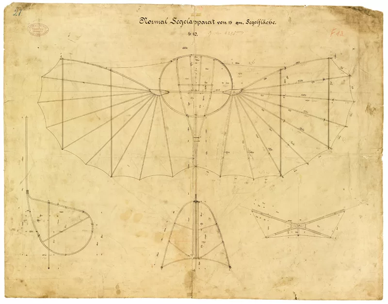 Construction drawing of the standard sail apparatus by Otto Lilienthal, Deutsches Museum